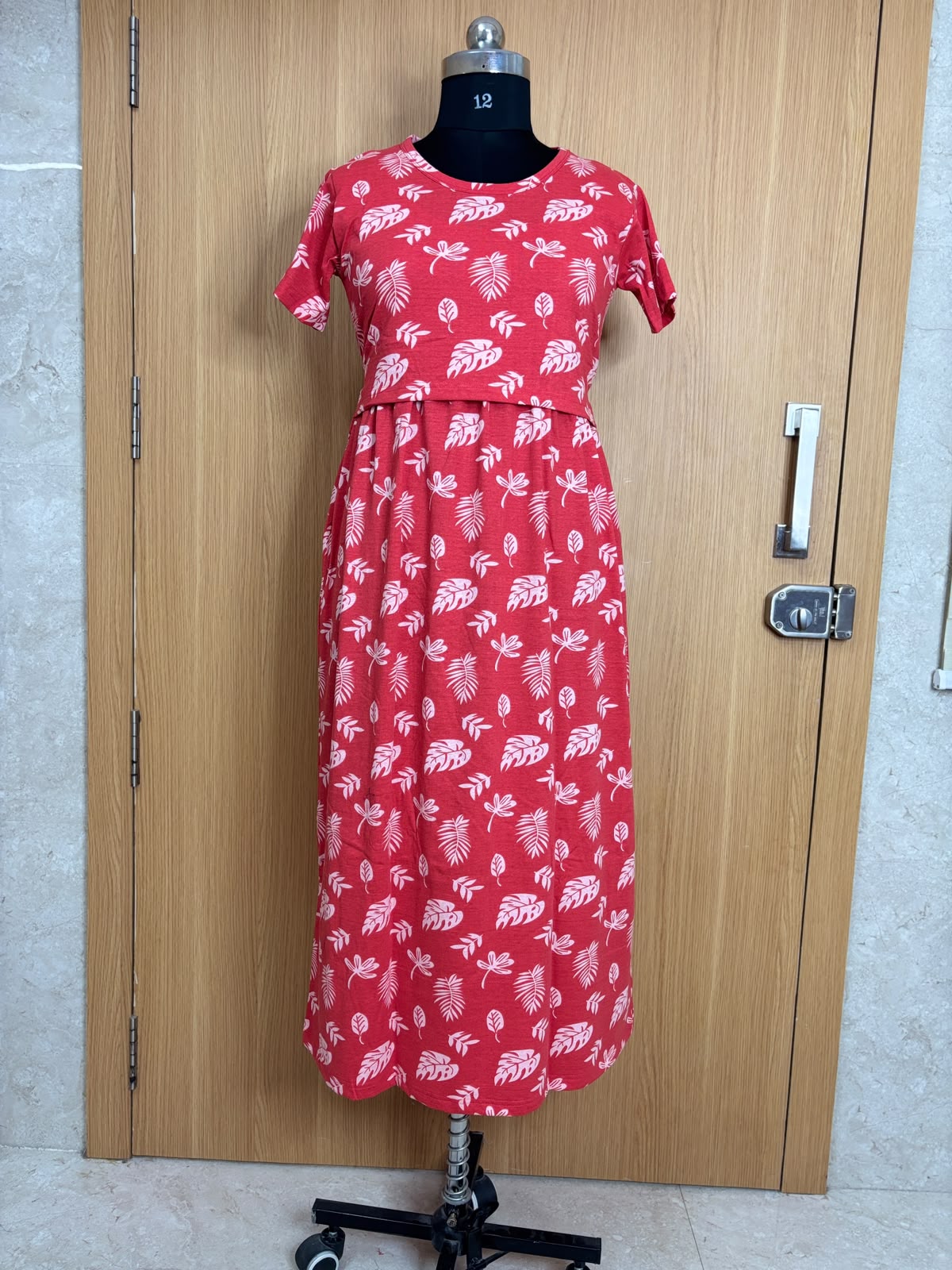 Cherry Red Tropical Leaf Print Feeding Maxi