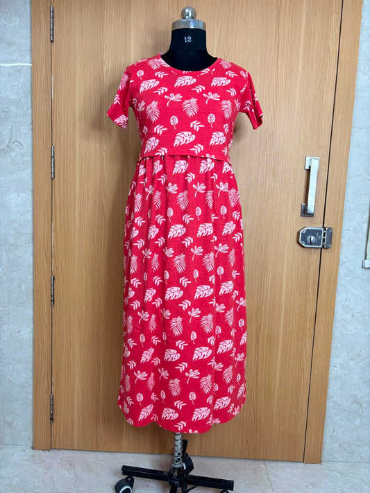 Cherry Red Tropical Leaf Print Feeding Maxi