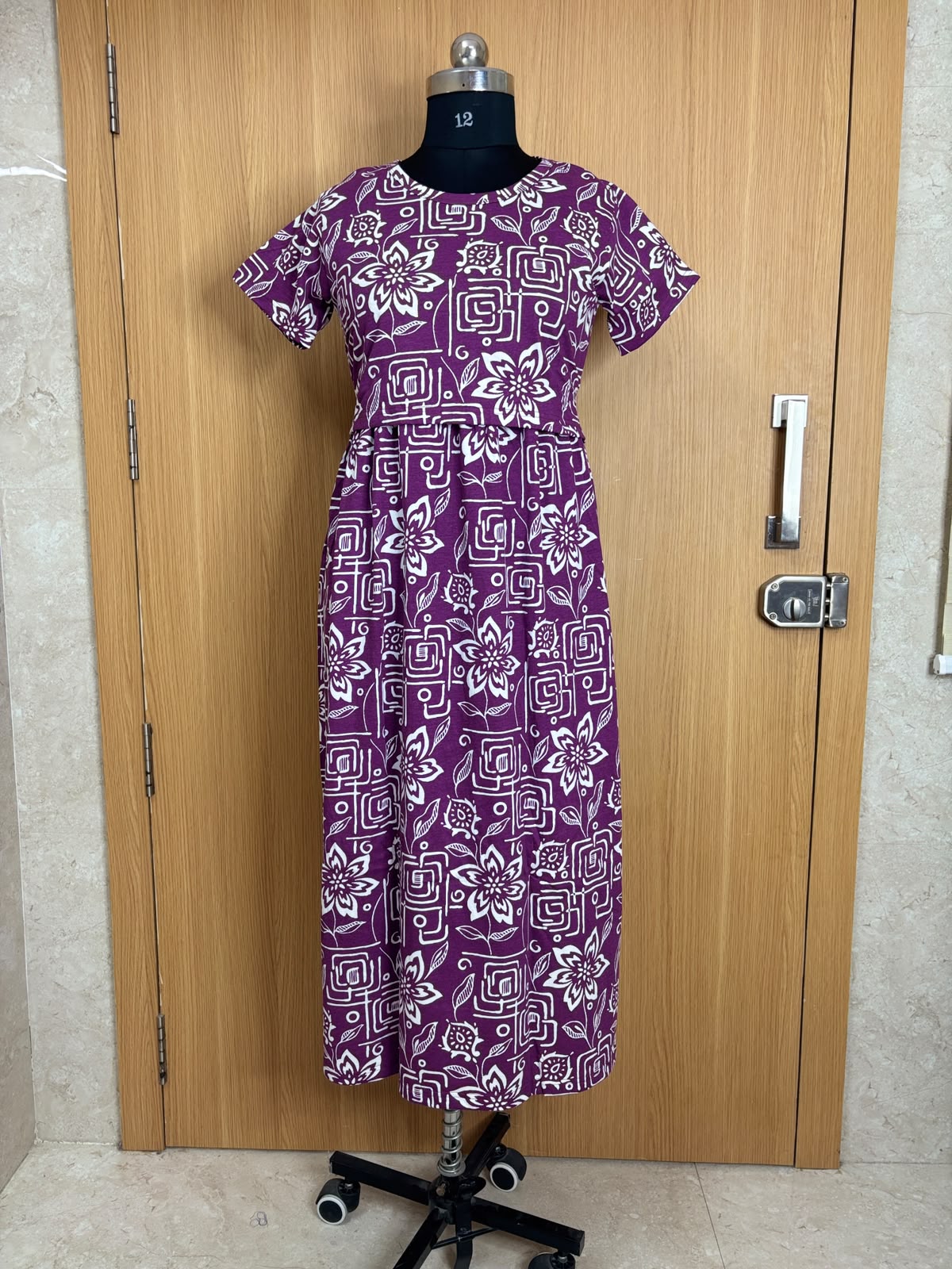 Wine Floral Geometric Print Feeding Maxi