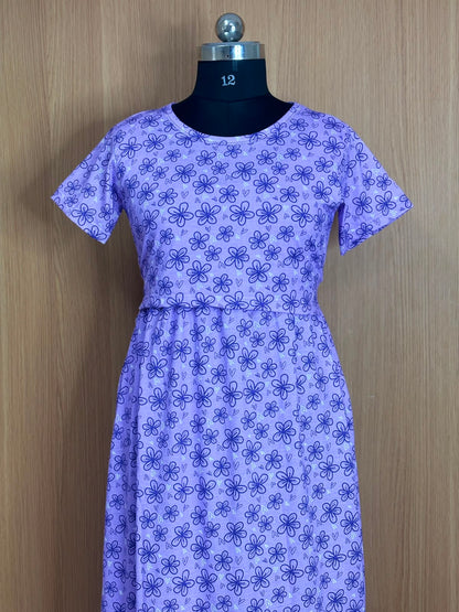 Lavender Floral Print Cotton Hosiery Feeding Maxi
