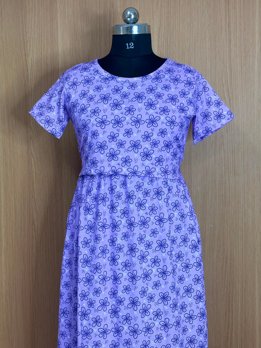 Lavender Floral Print Cotton Hosiery Feeding Maxi