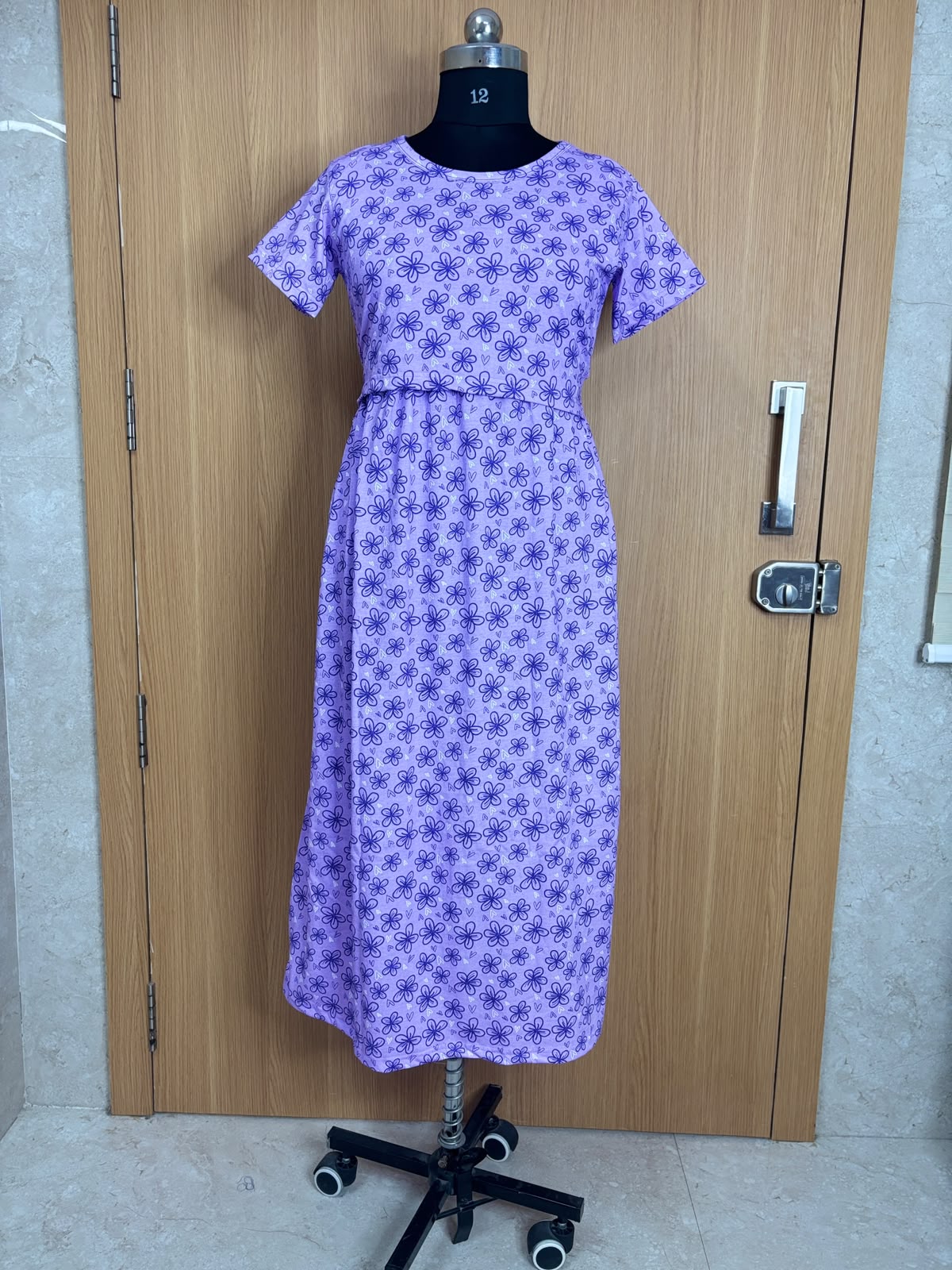 Lavender Floral Print Cotton Hosiery Feeding Maxi