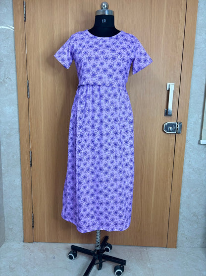 Lavender Floral Print Cotton Hosiery Feeding Maxi