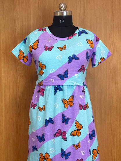 Sky Blue & Lavender Butterfly Print Cotton Hosiery Feeding Maxi