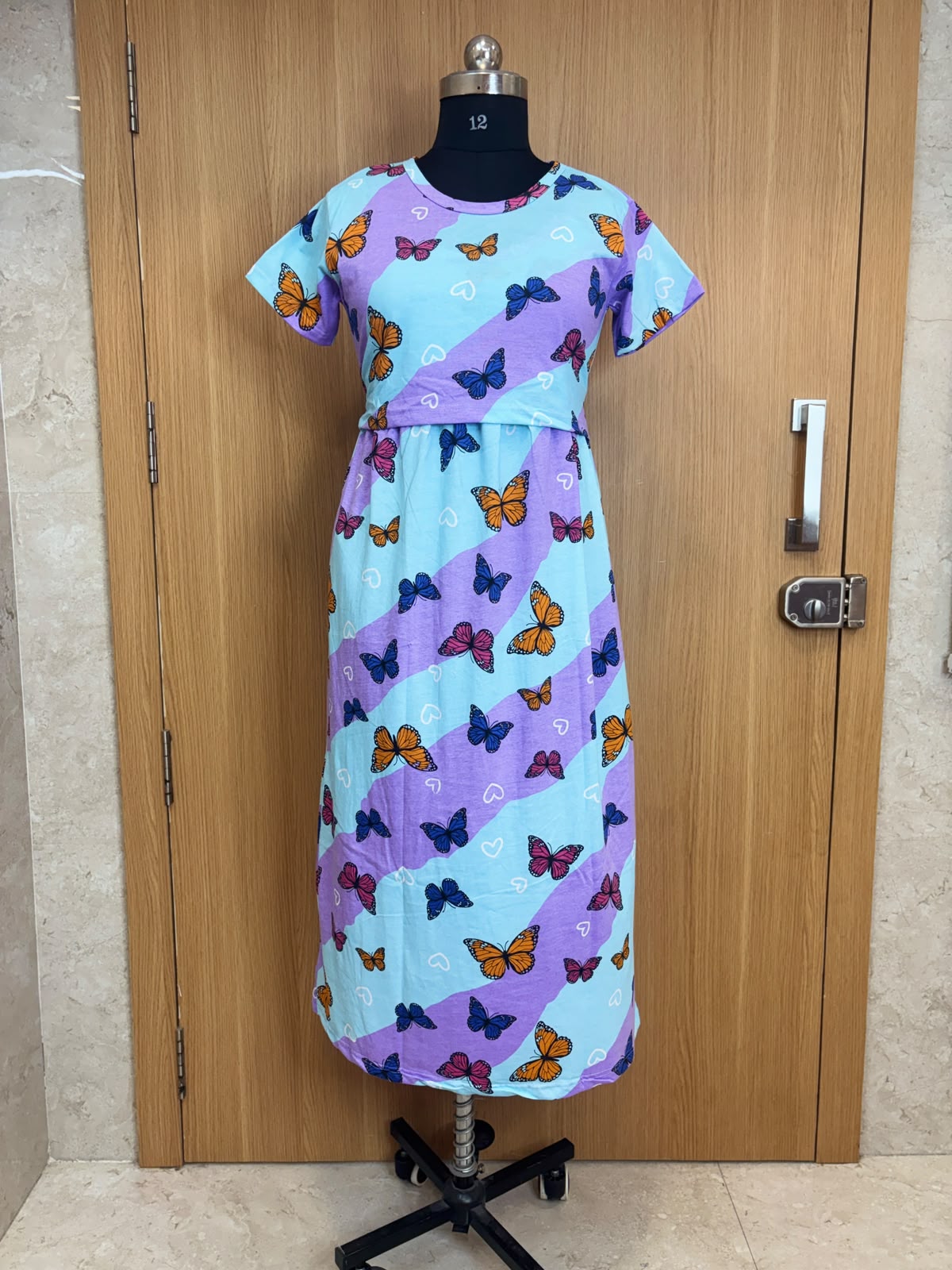 Sky Blue & Lavender Butterfly Print Cotton Hosiery Feeding Maxi