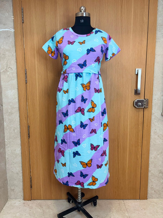 Sky Blue & Lavender Butterfly Print Cotton Hosiery Feeding Maxi