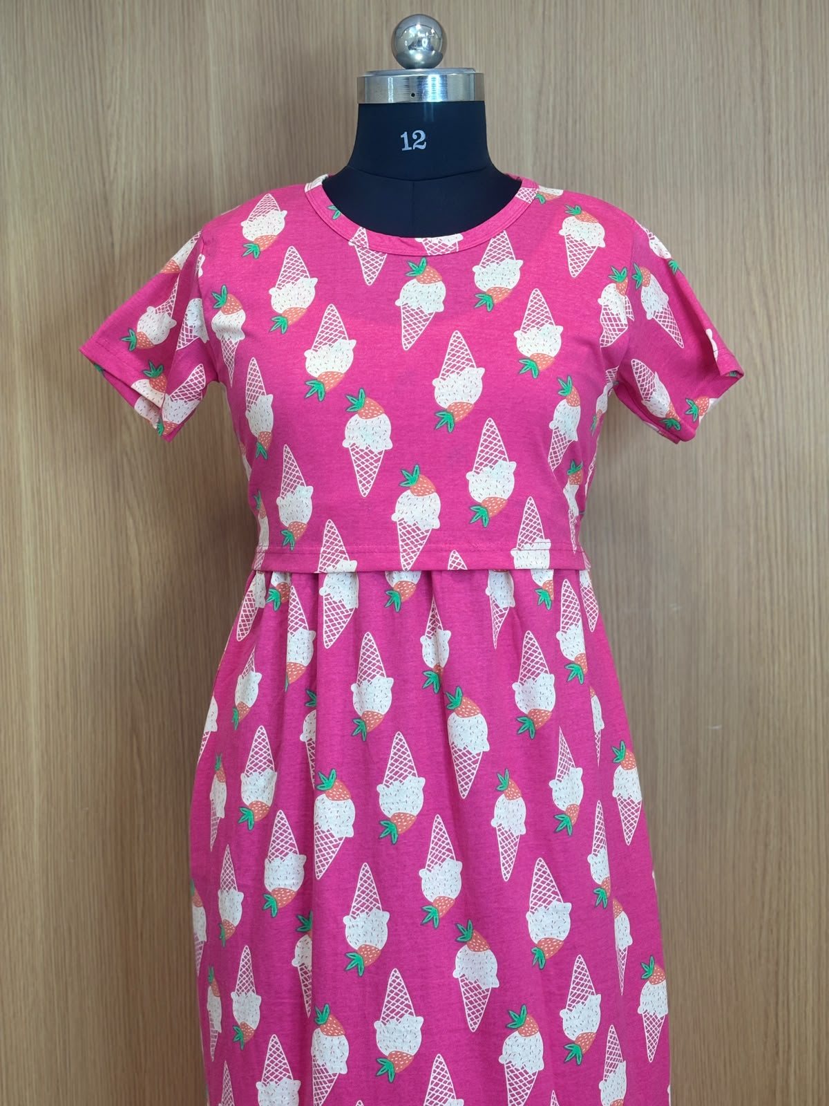 Hot Pink Ice Cream Print Cotton Hosiery Feeding Maxi