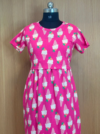 Hot Pink Ice Cream Print Cotton Hosiery Feeding Maxi