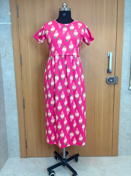 Hot Pink Ice Cream Print Cotton Hosiery Feeding Maxi