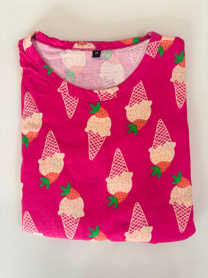 Hot Pink Ice Cream Print Cotton Hosiery Feeding Maxi