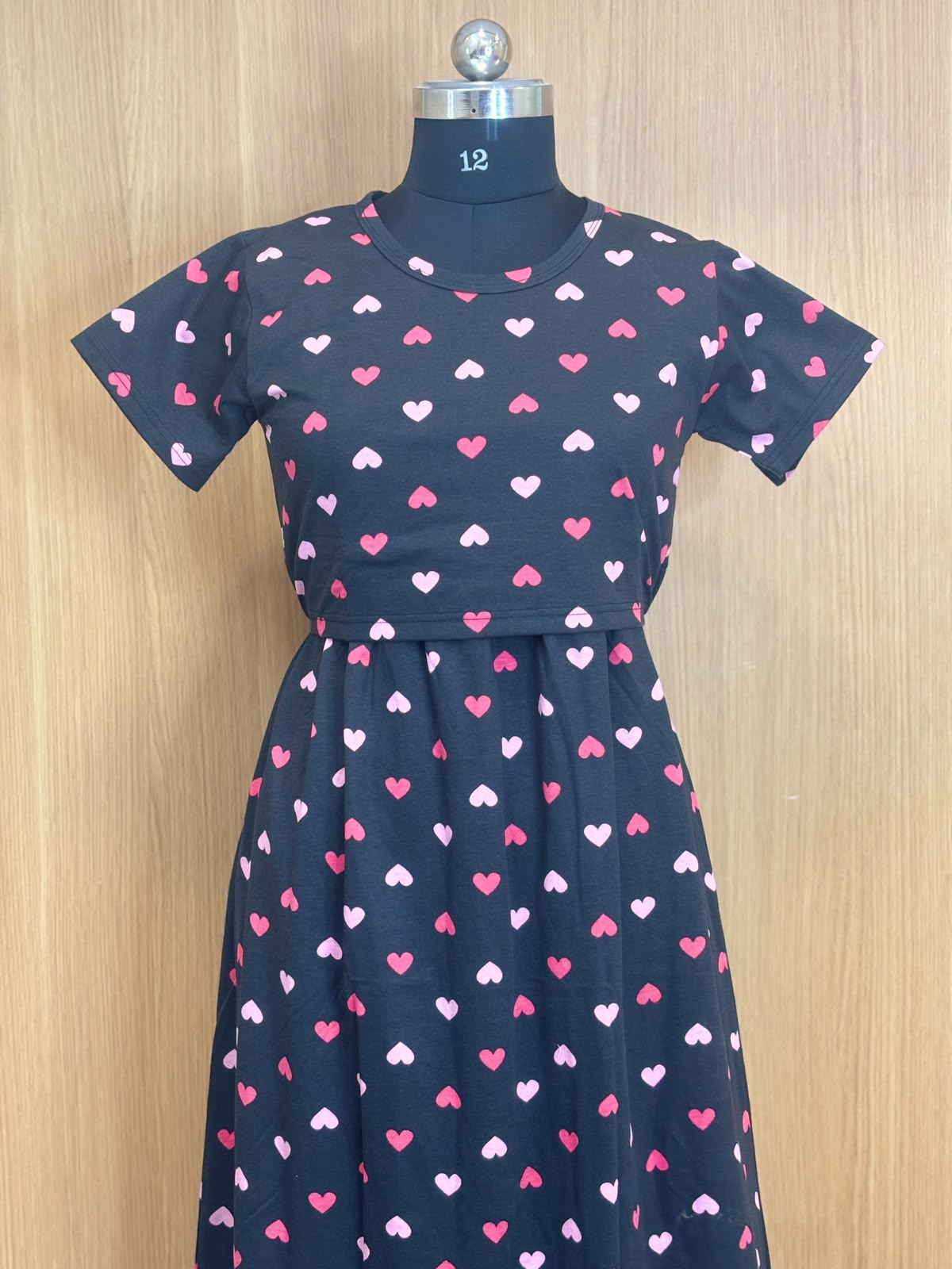 Black Heart Print Cotton Hosiery Feeding Maxi