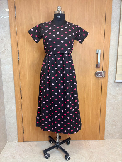 Black Heart Print Cotton Hosiery Feeding Maxi