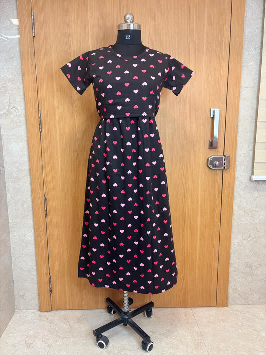 Black Heart Print Cotton Hosiery Feeding Maxi