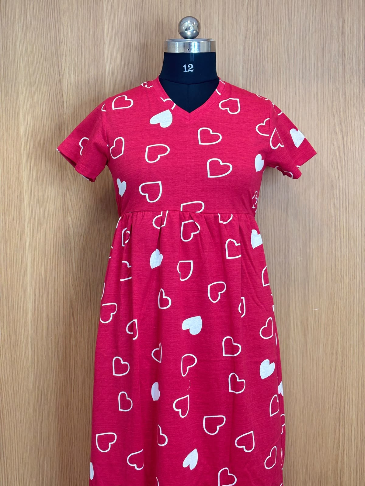Cherry Red Heart Print Cotton Hosiery Feeding Maxi