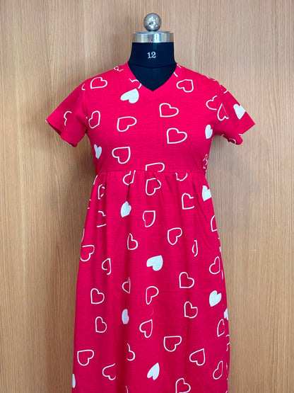 Cherry Red Heart Print Cotton Hosiery Feeding Maxi