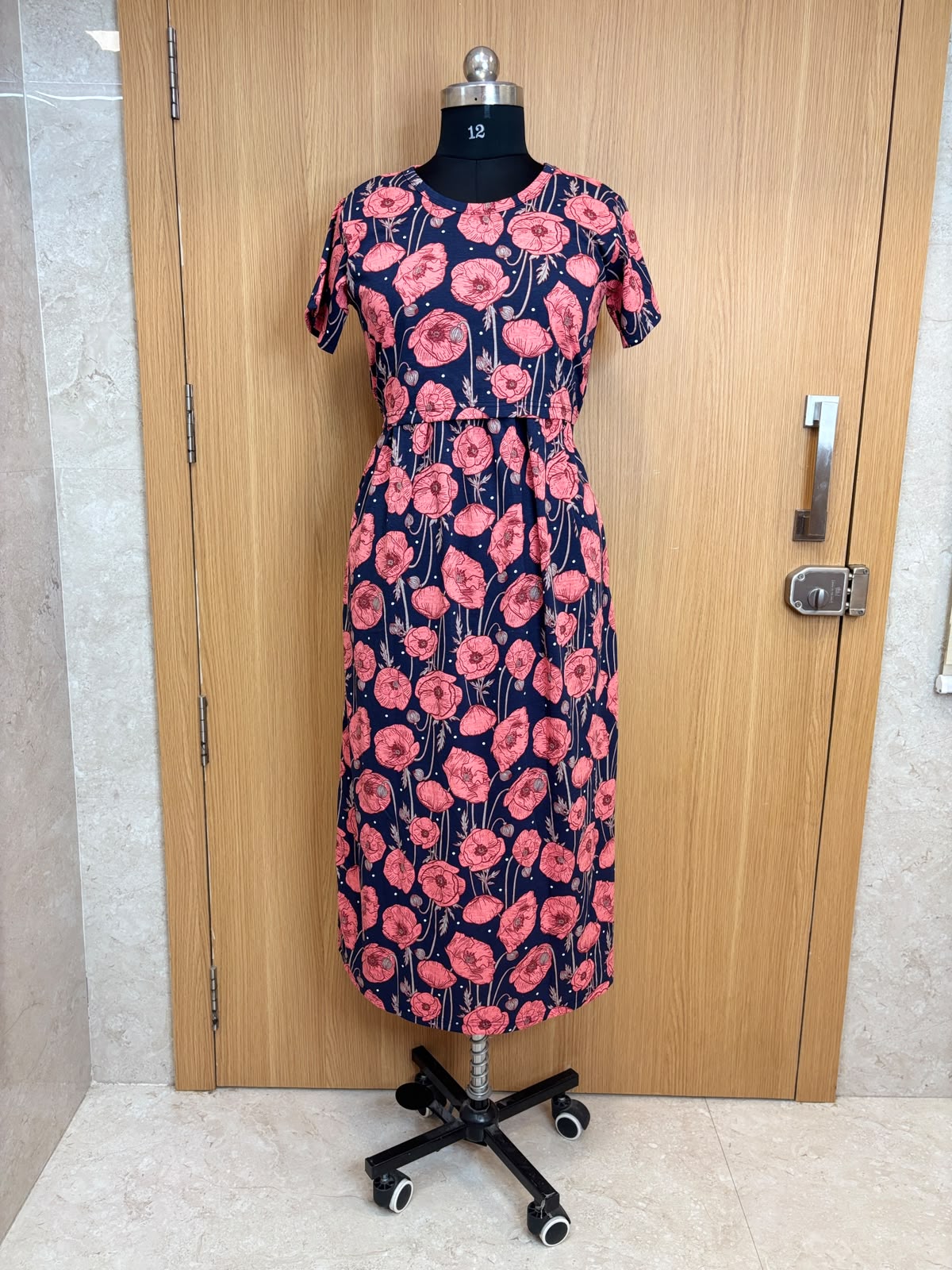 Navy Blue Coral Floral Print Cotton Hosiery Feeding Maxi