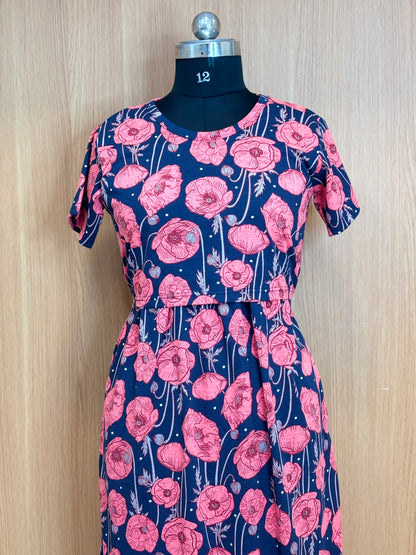 Navy Blue Coral Floral Print Cotton Hosiery Feeding Maxi