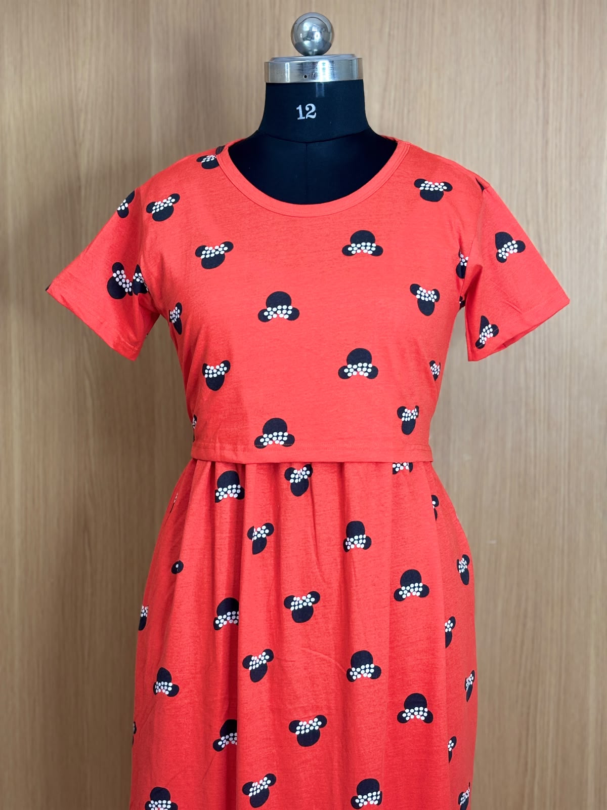 Tomato Red Character Print Cotton Hosiery Feeding Maxi