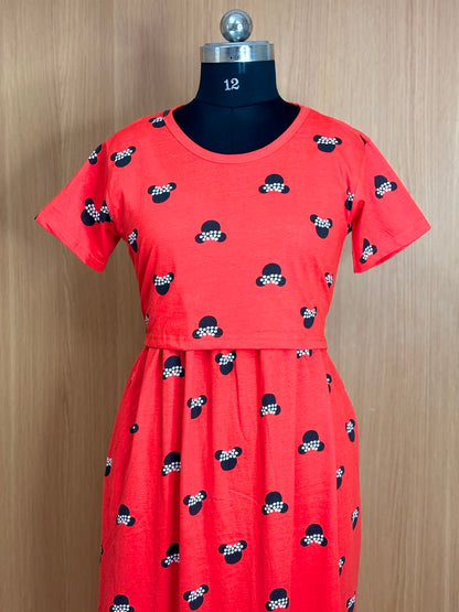 Tomato Red Character Print Cotton Hosiery Feeding Maxi