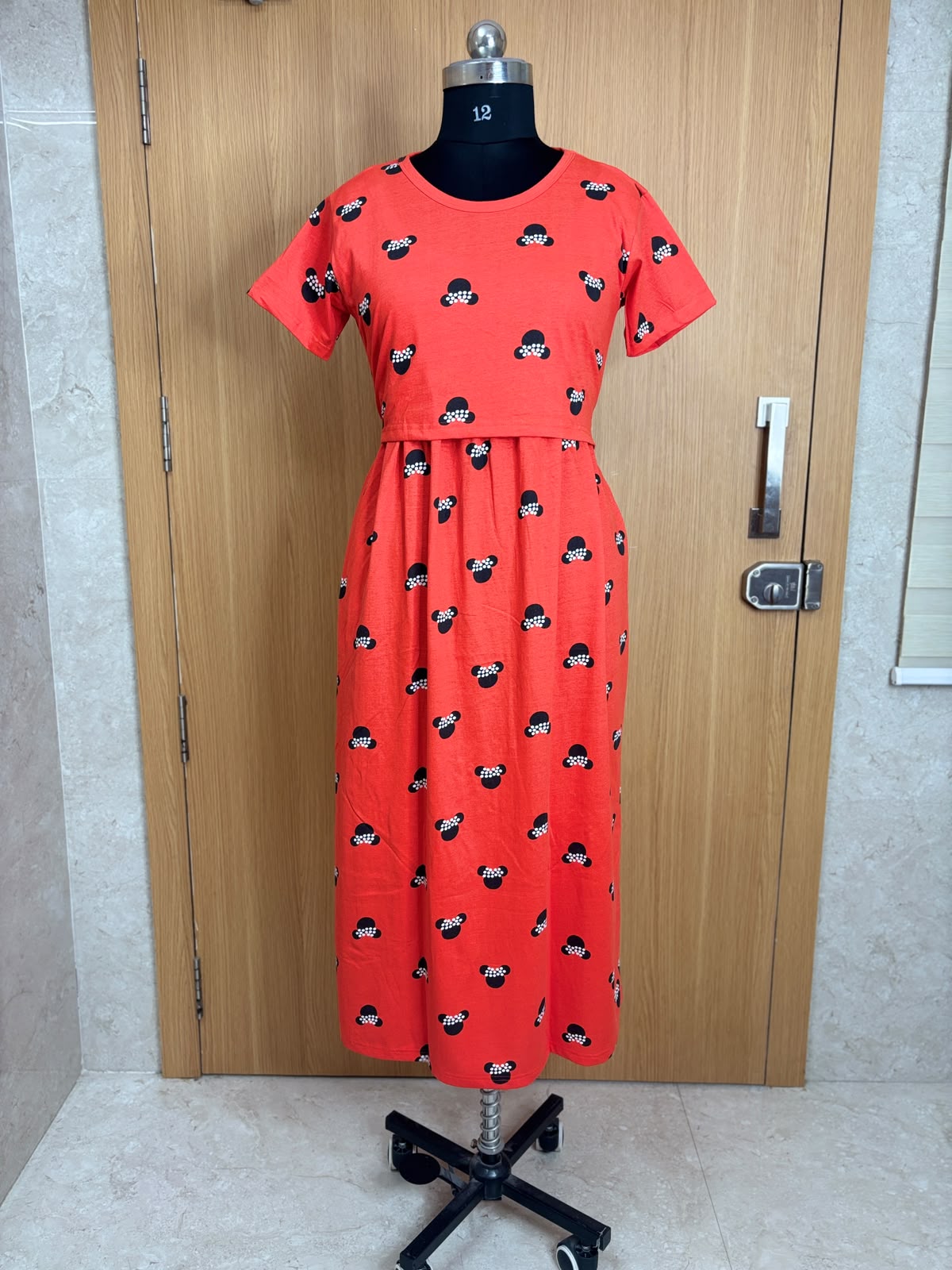 Tomato Red Character Print Cotton Hosiery Feeding Maxi
