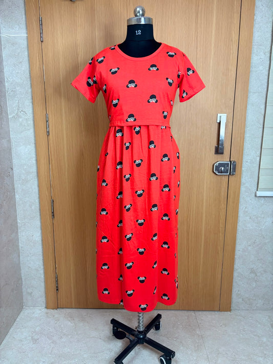 Tomato Red Character Print Cotton Hosiery Feeding Maxi