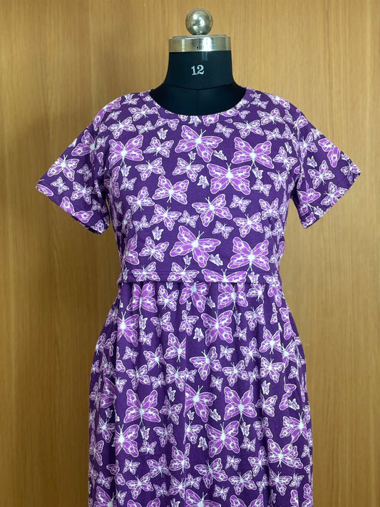 Royal Purple Butterfly Print Cotton Hosiery Feeding Maxi