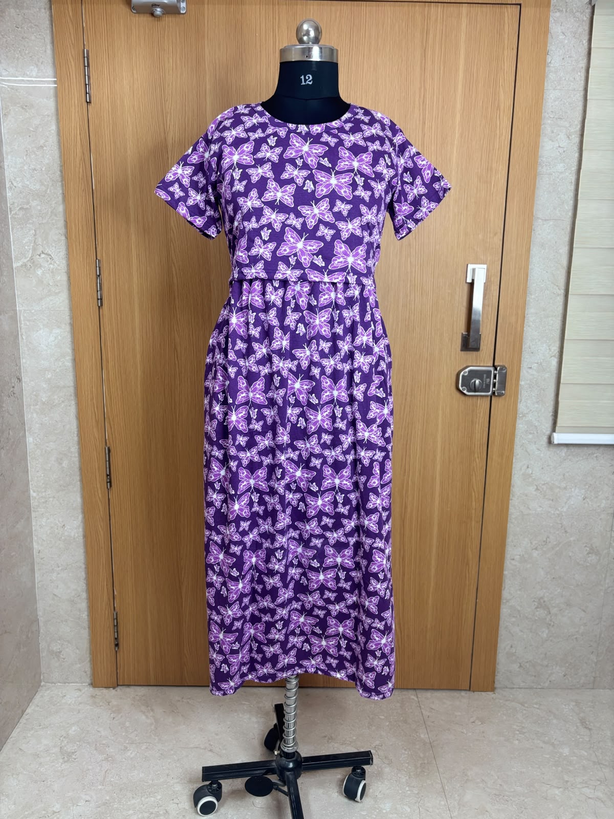 Royal Purple Butterfly Print Cotton Hosiery Feeding Maxi