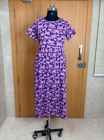 Royal Purple Butterfly Print Cotton Hosiery Feeding Maxi