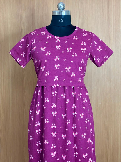 Wine Bow Print Cotton Hosiery Feeding Maxi