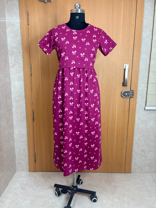 Wine Bow Print Cotton Hosiery Feeding Maxi