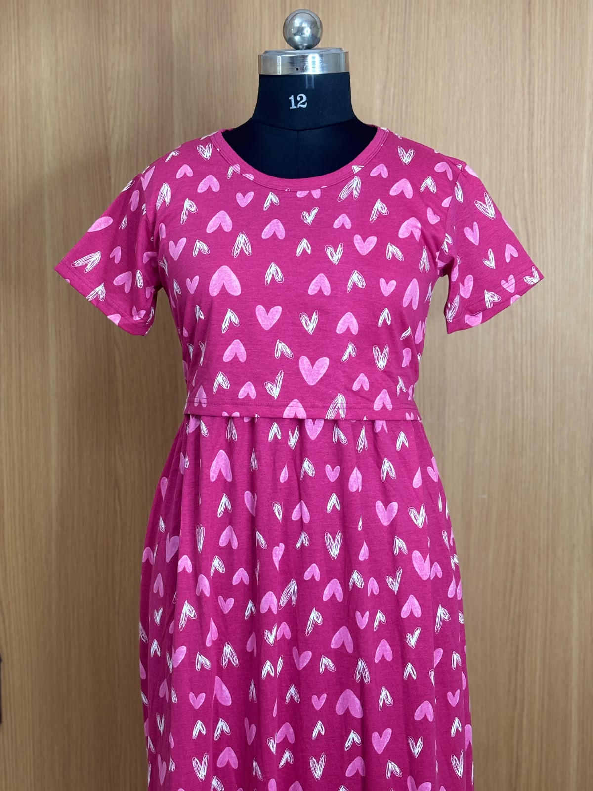 Hot Pink Heart Print Cotton Hosiery Feeding Maxi