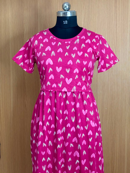 Hot Pink Heart Print Cotton Hosiery Feeding Maxi