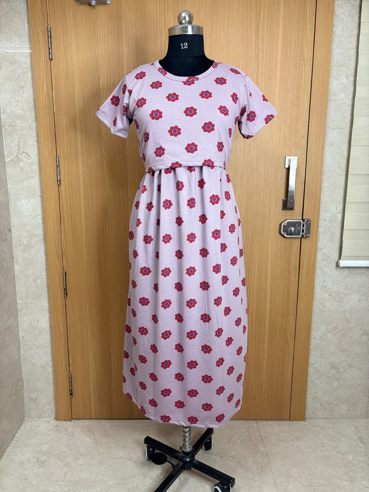 Blush Pink Floral Print Cotton Hosiery Feeding Maxi