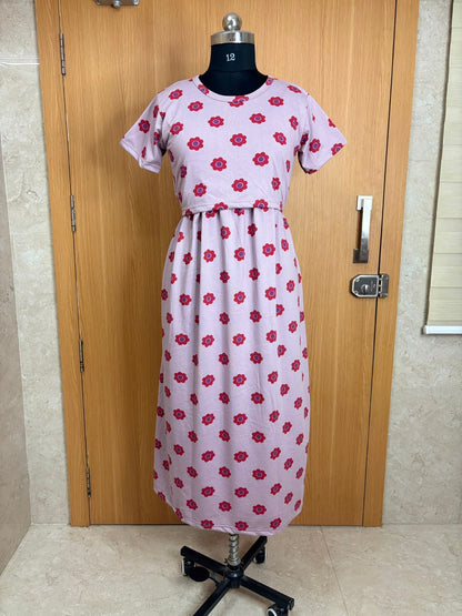 Blush Pink Floral Print Cotton Hosiery Feeding Maxi