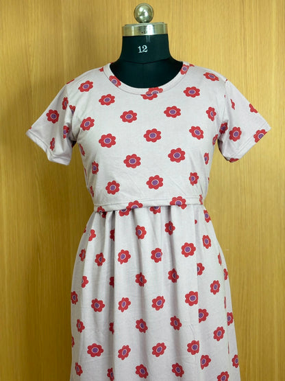 Blush Pink Floral Print Cotton Hosiery Feeding Maxi