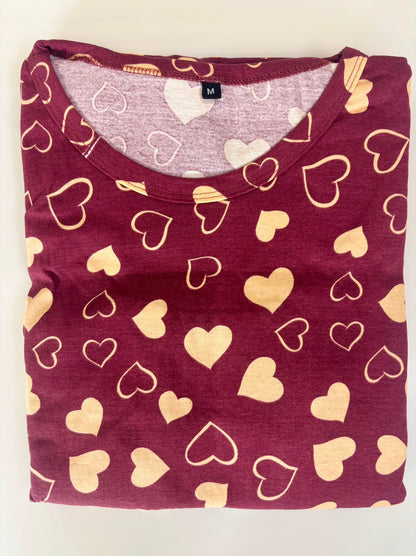 Wine Heart Print Cotton Hosiery Feeding Maxi