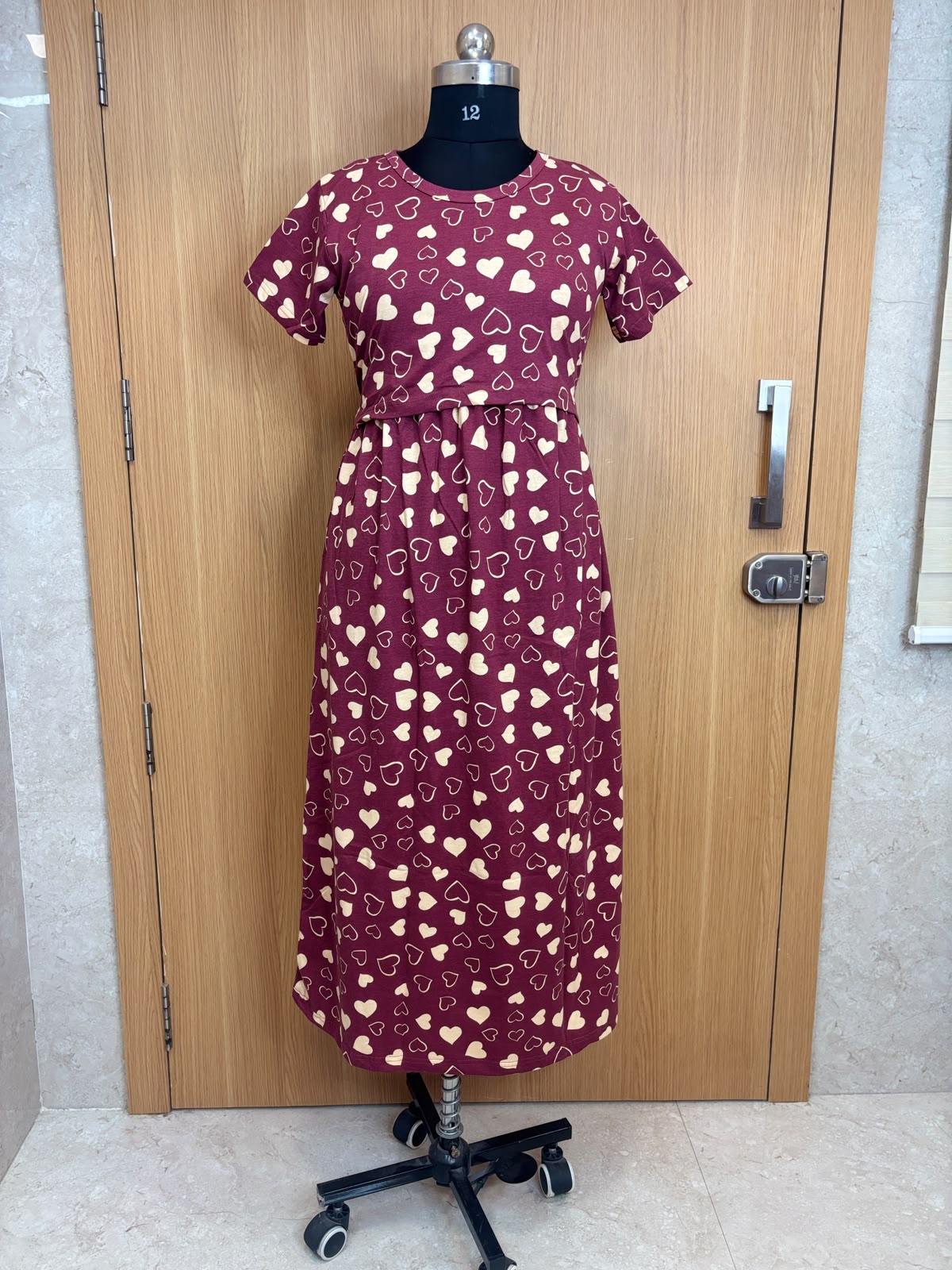 Wine Heart Print Cotton Hosiery Feeding Maxi