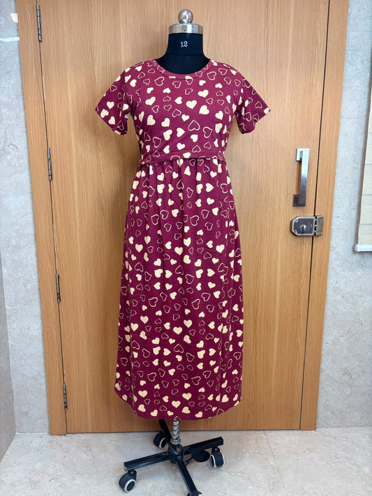 Wine Heart Print Cotton Hosiery Feeding Maxi