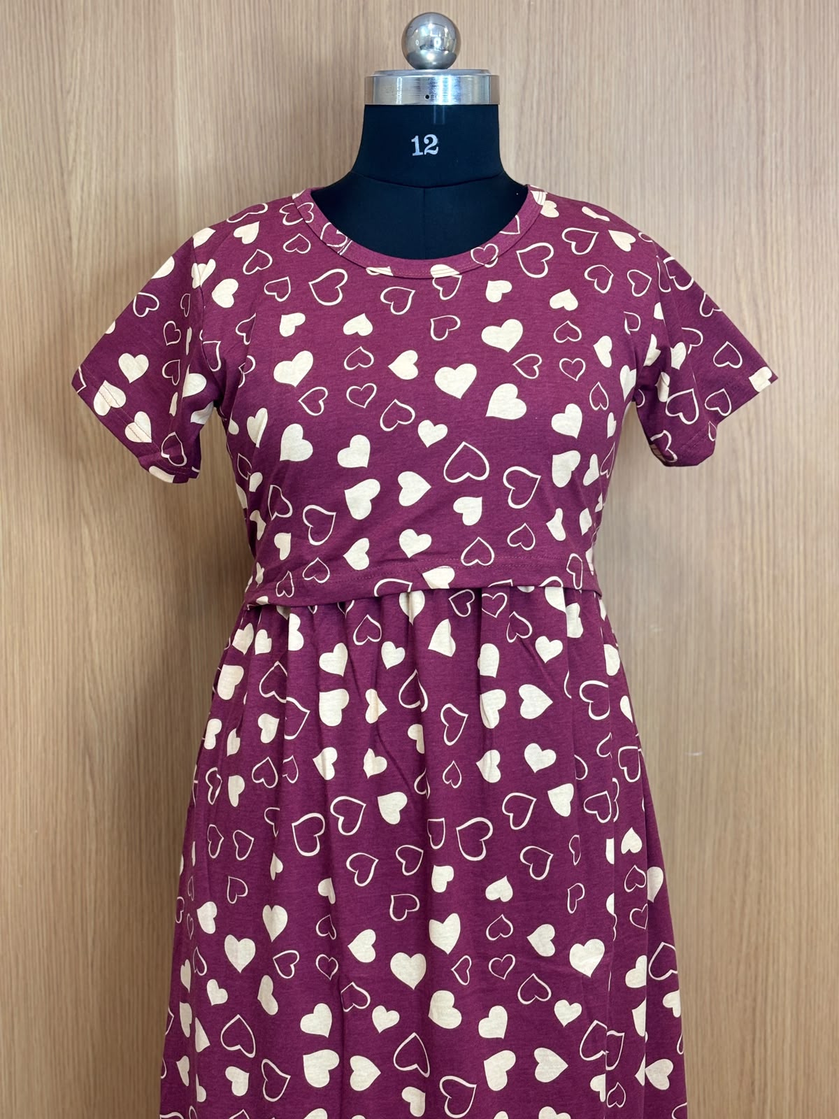 Wine Heart Print Cotton Hosiery Feeding Maxi