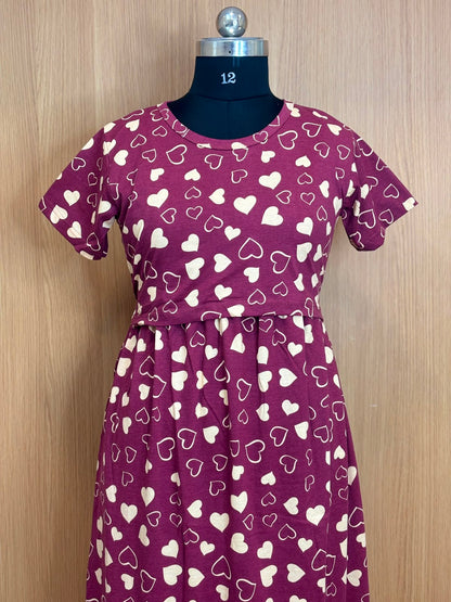 Wine Heart Print Cotton Hosiery Feeding Maxi