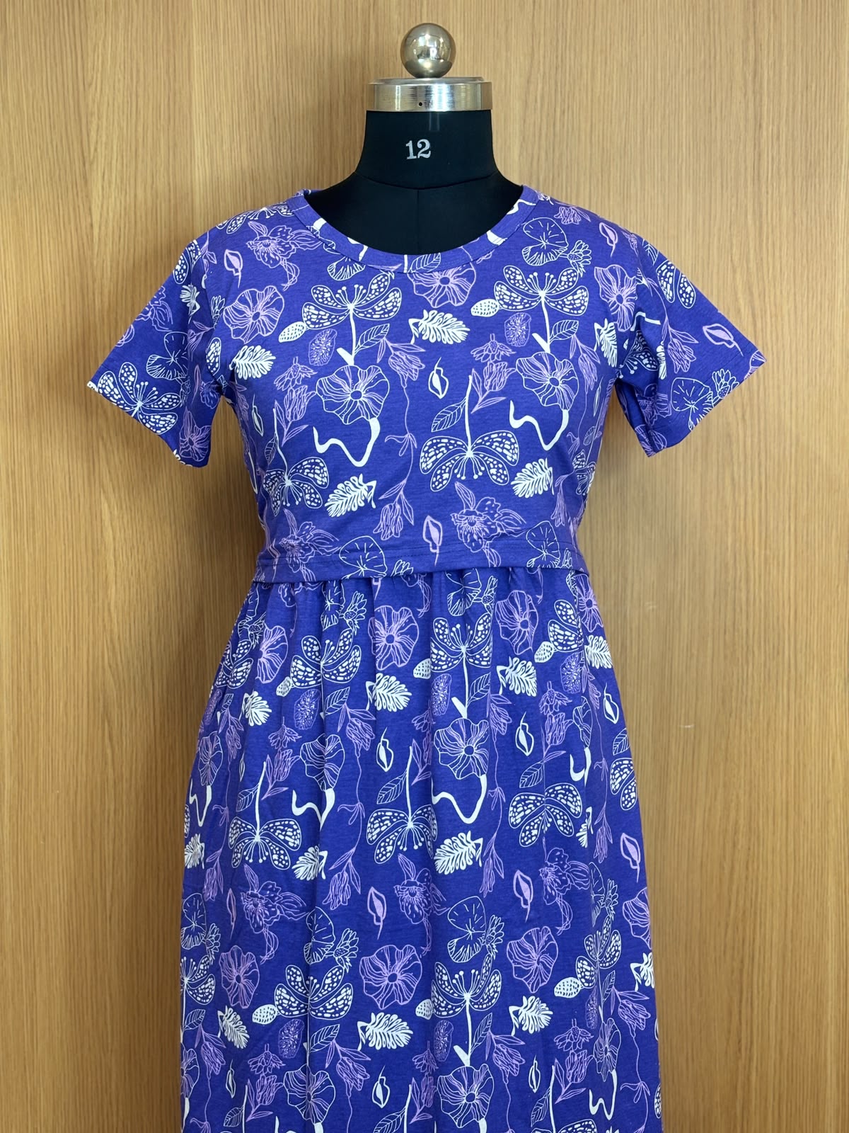 Royal Blue Botanical Print Cotton Hosiery Feeding Maxi
