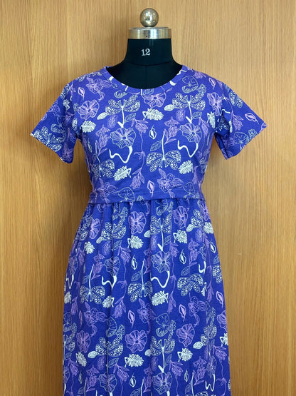 Royal Blue Botanical Print Cotton Hosiery Feeding Maxi