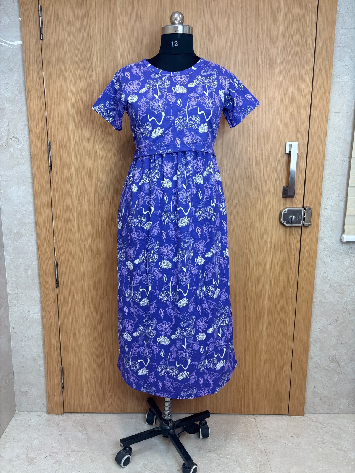 Royal Blue Botanical Print Cotton Hosiery Feeding Maxi