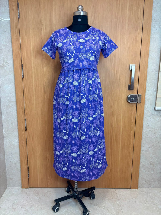 Royal Blue Botanical Print Cotton Hosiery Feeding Maxi