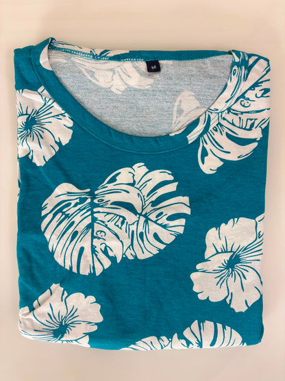 Teal Tropical Leaf Print Cotton Hosiery Feeding Maxi