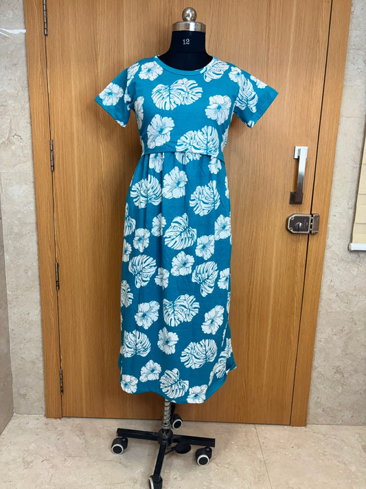Teal Tropical Leaf Print Cotton Hosiery Feeding Maxi