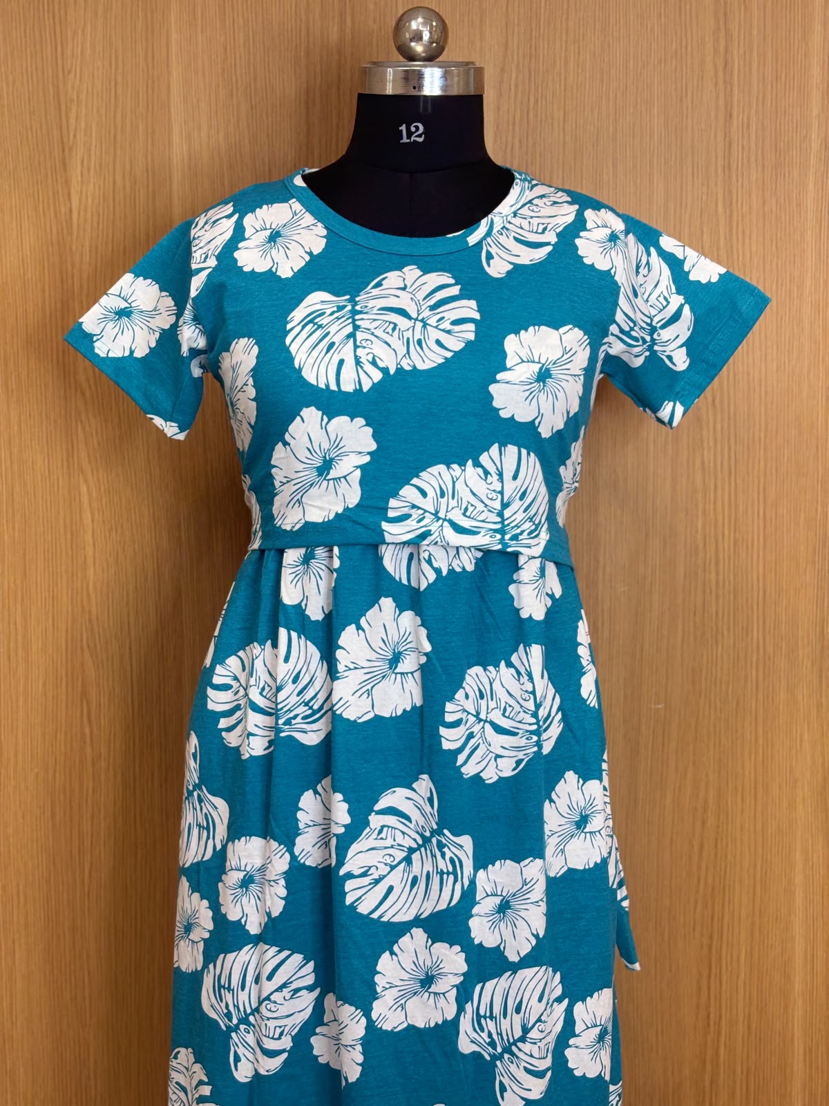 Teal Tropical Leaf Print Cotton Hosiery Feeding Maxi