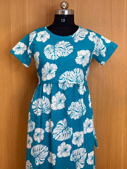 Teal Tropical Leaf Print Cotton Hosiery Feeding Maxi