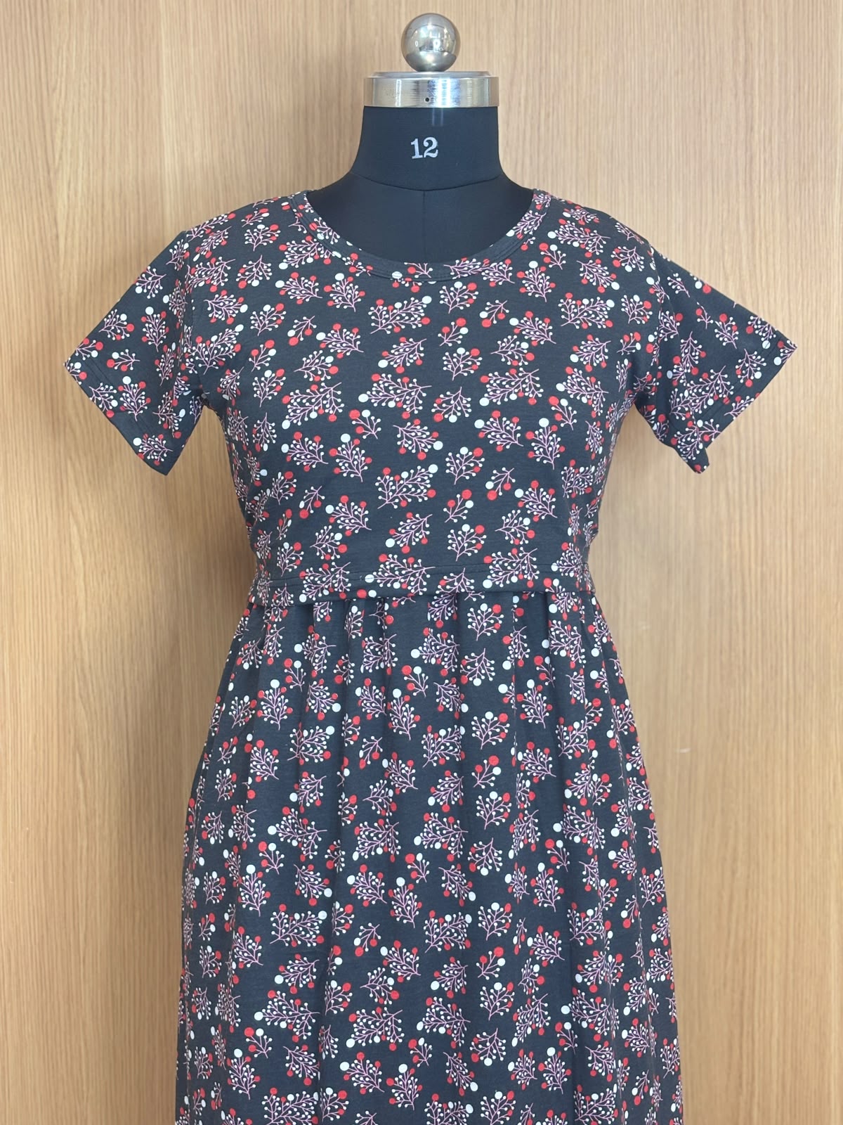 Charcoal Grey Berry Floral Print Cotton Hosiery Feeding Maxi
