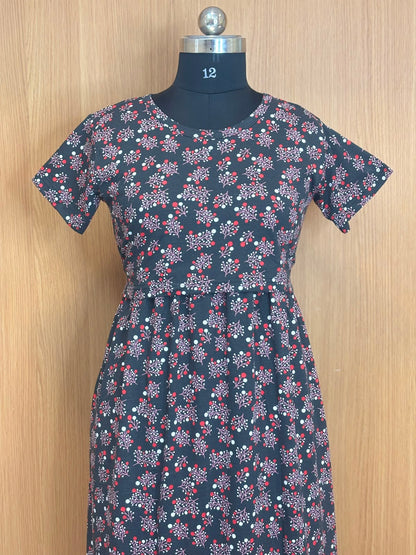 Charcoal Grey Berry Floral Print Cotton Hosiery Feeding Maxi
